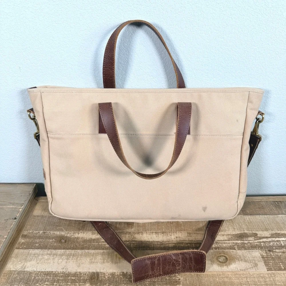 United By Blue Messenger Bag Beige Canvas Leather Laptop Briefcase